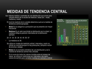 MEDIDAS DE TENDENCIA CENTRAL
Son Valores medios o centrales de una distribución que sirven para
ubicarla dentro de la escala de medición, estas son: moda,
mediana y media.
El nivel de medición de la variable determina cual es la medida de
tendencia central apropiada.
• Moda Es la categoría o puntuación que se presenta con mayor
frecuencia
• Mediana Es el valor que divide la distribución por la mitad. La
mediana refleja la posición intermedia de la distribución
ejemplo:
24 31 35 35 38 43 45 50 57
• La mediana es 38.
Se utiliza en niveles de medición ordinal, intervalos y razón no
utilizar en nominal porque no hay jerarquías y tampoco noción
de encima o debajo.
• Media Es el promedio aritmético de una distribución y es la
medida de tendencia central más utilizada.
• Es la suma de todos los valores dividida entre el número de
casos, se utiliza en mediciones por intervalos o de razón,
carece de sentido para variables medidas en nominal u ordinal
 