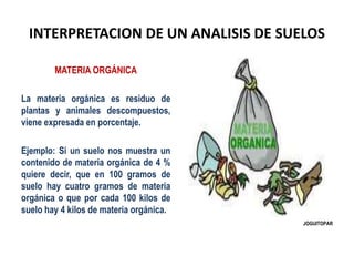 INTERPRETACION DE UN ANALISIS DE SUELOS
MATERIA ORGÁNICA
La materia orgánica es residuo de
plantas y animales descompuesto...