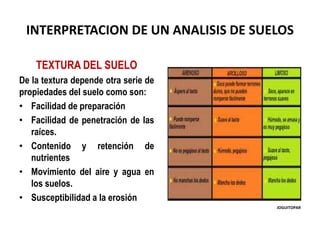 INTERPRETACION DE UN ANALISIS DE SUELOS
TEXTURA DEL SUELO
De la textura depende otra serie de
propiedades del suelo como s...