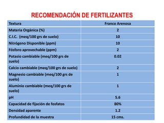 RECOMENDACIÓN DE FERTILIZANTES
Textura Franco Arenosa
Materia Orgánica (%) 2
C.I.C. (meq/100 grs de suelo) 10
Nitrógeno Di...
