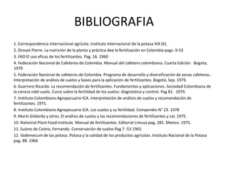 BIBLIOGRAFIA
1. Correspondencia internacional agrícola. Instituto internacional de la potasa XIX (6).
2. Drouet Pierre. La...