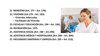 21. BIENESTAR (Art. 177 – Art. 178).
22. VIVIENDA (Art.179 – Art. 193).
• Viviendas Adecuadas
• Facilidades de Vivienda
23. ESCUELAS Y EDUCACIÓN (Art. 194 – Art. 196).
24. RECREACIÓN (Art. 197).
25. ASISTENCIA SOCIAL (Art. 198 – Art.199).
26. ASISTENCIA MÉDICA Y HOSPITALARIA (Art. 200 – Art. 204).
27. FACILIDADES SANITARIAS Y LIMPIEZA (Art. 205 – Art. 212).
 