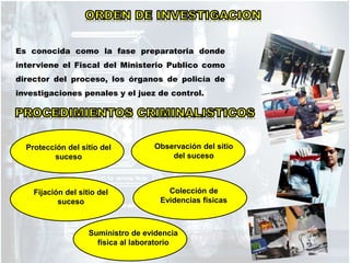 Es conocida como la fase preparatoria donde
interviene el Fiscal del Ministerio Publico como
director del proceso, los órganos de policía de
investigaciones penales y el juez de control.
Protección del sitio del
suceso
Fijación del sitio del
suceso
Observación del sitio
del suceso
Colección de
Evidencias físicas
Suministro de evidencia
física al laboratorio
 