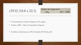 cTO2 (18.8 a 22.3)
• Concentracion total de oxigeno en la sangre
• Unida a HB + Libre (Contenido Oxigeno)
• Cambios relacionan con Po2 Arterial, Hb Total, p50
 