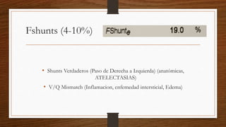 • Shunts Verdaderos (Paso de Derecha a Izquierda) (anatómicas,
ATELECTASIAS)
• V/Q Mismatch (Inflamacion, enfemedad intersticial, Edema)
Fshunts (4-10%)
 