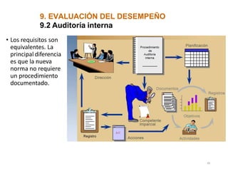 9. EVALUACIÓN DEL DESEMPEÑO
9.2 Auditoría interna
• Los requisitos son
equivalentes. La
principal diferencia
es que la nueva
norma no requiere
un procedimiento
documentado.
49
 