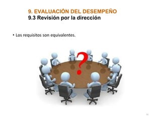 9. EVALUACIÓN DEL DESEMPEÑO
9.3 Revisión por la dirección
• Los requisitos son equivalentes.
53
 