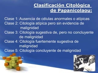 Clasificación Citológica
de Papanicolaou:
Clase 1: Ausencia de células anormales o atípicas
Clase 2: Citología atípica pero sin evidencia de
malignidad
Clase 3: Citología sugestiva de, pero no concluyente
de malignidad
Clase 4: Citología fuertemente sugestiva de
malignidad
Clase 5: Citología concluyente de malignidad
 