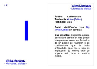 PatrònPatròn: Confirmación
TendenciaTendencia: Alcista (Bullish)Alcista (Bullish)
FiabilidadFiabilidad: Baja +
Como identificarloComo identificarlo: Una Big
White Candle sin sombras.
Que significaQue significa: Desarrollo alcista.
Su utilidad estriba en que puede
interpretarse como confirmacion
de un patrón de reversion o de
confirmacion que lo halla
antecedido, pero por si solo es
irrelevante. Su minimo sirve de
soporte asi como su cuerpo
medio.
( 11 )
White MarubozuWhite Marubozu
- Marubozu alcista -
White MarubozuWhite Marubozu
- Marubozu alcista -
 