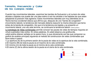 Tamaño, Frecuencia y ColorTamaño, Frecuencia y Color
de los cuerpos realesde los cuerpos reales
Cuando hay movimientos laterales, examinar las bandas de fluctuacion y el numero de velas
alcistas o bajistas nos puede dar una idea sobre si son los alcistas o los bajistas los que estan
adoptando la posiciòn màs agresiva. Estos movimientos laterales son muy atendidos en la
Teoria tecnica occidental clàsica que afirma que, despues de una “banda de congestiòn”
(movimiento lateral), la tendencia del mercado deberia reasumir la misma direcciòn que tenìa
antes de la banda de congestiòn. Asi que si la tendencia era bajista y se presento un
movimiento lateral, una vez este termine, se continuara la tendencia lateral -Ceteris paribus-.
La estrategia de Velas combinadasLa estrategia de Velas combinadas permite conocer las pautas de velas de tiempos mayores en
virtud a periodos màs cortos. En otras palabras, Si usted observa una grafica:dia,
usted podria obtener señales en la sesion:hora, (y que obviamente son las que componen su
grafica de analisis principal) siguiendo el metodo de construccion de velas combinadas que
tiene estos 4 pasos:
1.La apertura (A) de la primera sesiòn de la pauta de velas es la apertura de la vela combinada.
2.El maximo (M) de toda la pauta es el maximo de la vela combinada.
3.El minimo (m) de toda la pauta es el minimo de la vela combinada.
4.El cierre (C) de la ultima sesiòn de la pauta es el cierre de la vela combinada.
A
C
M
m
 