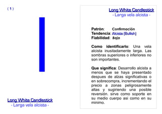 PatrònPatròn: Confirmación
TendenciaTendencia: Alcista (Bullish)Alcista (Bullish)
FiabilidadFiabilidad: Baja
Como identificarloComo identificarlo: Una vela
alcista inusitadamente larga. Las
sombras superiores o inferiores no
son importantes.
Que significaQue significa: Desarrollo alcista a
menos que se haya presentado
despues de alzas significativas o
en sobrecompra, incrementando el
precio a zonas peligrosamente
altas y sugiriendo una posible
reversión. sirve como soporte en
su medio cuerpo asi como en su
minimo.
( 11 )
Long White CandlestickLong White Candlestick
- Larga vela alcista -
Long White CandlestickLong White Candlestick
- Larga vela alcista -
 