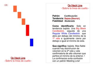 PatrònPatròn: Continuaciòn
TendenciaTendencia: Bajista (Bearish)Bajista (Bearish)
FiabilidadFiabilidad: Moderada
Como identificarloComo identificarlo: Solo en
tendencia bajista. Una Big Black
Candlestick, seguida de una
Regular White Candlestick que
abre por debajo del minimo de la
1ª vela e igualmente cierra por
debajo o igual al minimo de esta.
Que significaQue significa: bajista. Mas fiable
cuando hay disminucion de
volumen en la 2ª vela y vela
confirmatoria de alto volumen que
perfora el minimo de la anterior. !
La confimacion evita confusión
con un patrón Meeting Line!
On Neck LineOn Neck Line
- Sobre la linea de cuello -
On Neck LineOn Neck Line
- Sobre la linea de cuello -
( 22 )
 