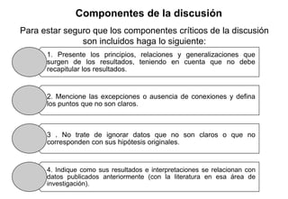 Para estar seguro que los componentes críticos de la discusión
son incluidos haga lo siguiente:
1. Presente los principios, relaciones y generalizaciones que
surgen de los resultados, teniendo en cuenta que no debe
recapitular los resultados.
2. Mencione las excepciones o ausencia de conexiones y defina
los puntos que no son claros.
3 . No trate de ignorar datos que no son claros o que no
corresponden con sus hipótesis originales.
4. Indique como sus resultados e interpretaciones se relacionan con
datos publicados anteriormente (con la literatura en esa área de
investigación).
Componentes de la discusión
 
