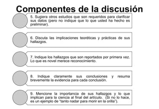 Componentes de la discusión
5. Sugiera otros estudios que son requeridos para clarificar
sus datos (pero no indique que lo que usted ha hecho es
preliminar).
6. Discuta las implicaciones teoréticas y prácticas de sus
hallazgos.
7. Indique los hallazgos que son reportados por primera vez.
Lo que es novel merece reconocimiento.
8. Indique claramente sus conclusiones y resuma
brevemente la evidencia para cada conclusión.
9. Mencione la importancia de sus hallazgos y lo que
implican para la ciencia al final del artículo. (Si no lo hace,
es un ejemplo de “tanto nadar para morir en la orilla”).
 