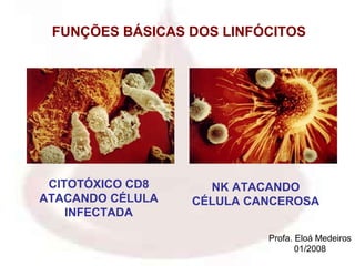 FUNÇÕES BÁSICAS DOS LINFÓCITOS




 CITOTÓXICO CD8     NK ATACANDO
ATACANDO CÉLULA   CÉLULA CANCEROSA
    INFECTADA

                           Profa. Eloá Medeiros
                                  01/2008
 