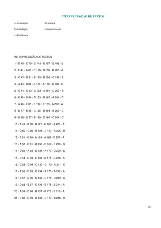 INTERPRETAÇÃO DE TEXTOS
83
a) veneração d) licença
b) satisfação e) manifestação
c) lembrança
INTERPRETAÇÃO DE TEXTOS
1 - D 40 - C 79 - C 118 - E 157 - E 196 - B
2 - E 41 - A 80 - C 119 - B 158 - B 197 - A
3 - C 42 - D 81 - E 120 - D 159 - C 198 - E
4 - A 43 - B 82 - B 121 - A 160 - C 199 - C
5 - C 44 - C 83 - C 122 - A 161 - D 200 - B
6 - E 45 - D 84 - D 123 - D 162 - A 201 - C
7 - A 46 - E 85 - E 124 - E 163 - A 202 - A
8 - D 47 - E 86 - C 125 - D 164 - B 203 - C
9 - D 48 - C 87 - E 126 - C 165 - C 204 - C
10 - A 49 - B 88 - B 127 - C 166 - A 205 - A
11 - D 50 - D 89 - B 128 - D 167 - A 206 - D
12 - B 51 - E 90 - A 129 - A 168 - E 207 - A
13 - A 52 - D 91 - B 130 - C 169 - E 208 - D
14 - D 53 - A 92 - D 131 - A 170 - D 209 - C
15 - E 54 - C 93 - E 132 - B 171 - C 210 - A
16 - C 55 - D 94 - C 133 - D 172 - A 211 - C
17 - A 56 - D 95 - C 134 - A 173 - A 212 - A
18 - B 57 - C 96 - C 135 - E 174 - D 213 - C
19 - D 58 - B 97 - C 136 - B 175 - E 214 - A
20 - A 59 - D 98 - B 137 - B 176 - E 215 - A
21 - E 60 - C 99 - D 138 - D 177 - B 216 - C
 