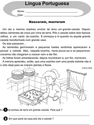 Língua Portuguesa
Nome : ______________________________________
Data : _______________________________________
Nasceram, morreram
1A menina encheu de terra um grande caixote. Para quê ?
2 Em que parte da casa pôs ela o caixote ?
Um dia a menina resolveu encher de terra um grande caixote. Depois
deitou sementes de cravo por cima da terra. Pôs o caixote sobre dois bancos
velhos, a um canto da cozinha. E começou a rir quando viu aquele grande
caixote transformado num grande vaso.
Os dias passaram…
As sementes germinaram e pequenas hastes verdinhas apareceram a
povoar o caixote. Mas, naquela cozinha, havia pouca luz e os pequeninos
craveiros não chegaram a crescer nem a dar flor.
As folhas foram amarelecendo, depois murcharam e, por fim, morreram.
A menina aprendeu, então, que uma cozinha com uma janela estreita não é
o sítio ideal para se criarem plantas e flores.
António Mota
 