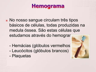    No nosso sangue circulam três tipos
    básicos de células, todas produzidas na
    medula óssea. São estas células que
    estudamos através do hemograma:

    - Hemácias (glóbulos vermelhos)
    - Leucócitos (glóbulos brancos)
    - Plaquetas
 