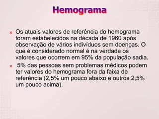    Os atuais valores de referência do hemograma
    foram estabelecidos na década de 1960 após
    observação de vários indivíduos sem doenças. O
    que é considerado normal é na verdade os
    valores que ocorrem em 95% da população sadia.
    5% das pessoas sem problemas médicos podem
    ter valores do hemograma fora da faixa de
    referência (2,5% um pouco abaixo e outros 2,5%
    um pouco acima).
 