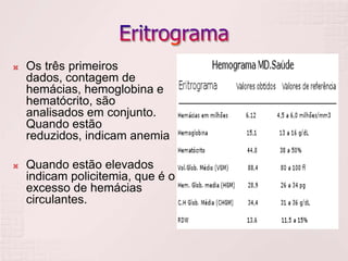    Os três primeiros
    dados, contagem de
    hemácias, hemoglobina e
    hematócrito, são
    analisados em conjunto.
    Quando estão
    reduzidos, indicam anemia

   Quando estão elevados
    indicam policitemia, que é o
    excesso de hemácias
    circulantes.
 