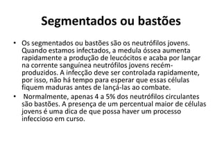 Segmentados ou bastões
• Os segmentados ou bastões são os neutrófilos jovens.
Quando estamos infectados, a medula óssea aumenta
rapidamente a produção de leucócitos e acaba por lançar
na corrente sanguínea neutrófilos jovens recém-
produzidos. A infecção deve ser controlada rapidamente,
por isso, não há tempo para esperar que essas células
fiquem maduras antes de lançá-las ao combate.
• Normalmente, apenas 4 a 5% dos neutrófilos circulantes
são bastões. A presença de um percentual maior de células
jovens é uma dica de que possa haver um processo
infeccioso em curso.
 