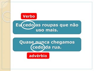 Eu cedo as roupas que não
uso mais.
Quase nunca chegamos
cedo da rua.
Verbo
advérbio
 