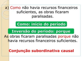 a) Como não havia recursos financeiros
suficientes, as obras ficaram
paralisadas.
As obras ficaram paralisadas porque não
havia recursos financeiros suficientes.
Conjunção subordinativa causal
Como: início do período
Inversão do período: porque
 