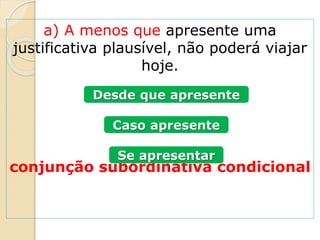 a) A menos que apresente uma
justificativa plausível, não poderá viajar
hoje.
conjunção subordinativa condicional
Desde que apresente
Caso apresente
Se apresentar
 
