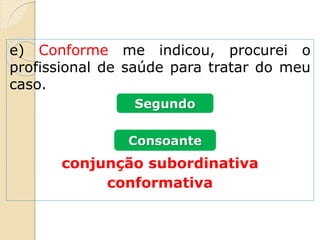 e) Conforme me indicou, procurei o
profissional de saúde para tratar do meu
caso.
conjunção subordinativa
conformativa
Segundo
Consoante
 