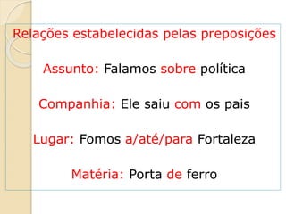 Relações estabelecidas pelas preposições
Assunto: Falamos sobre política
Companhia: Ele saiu com os pais
Lugar: Fomos a/até/para Fortaleza
Matéria: Porta de ferro
 