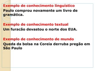 Exemplo de conhecimento linguístico
Paulo comprou novamente um livro de
gramática.
Exemplo de conhecimento textual
Um furacão devastou o norte dos EUA.
Exemplo de conhecimento de mundo
Queda da bolsa na Coreia derruba pregão em
São Paulo
 