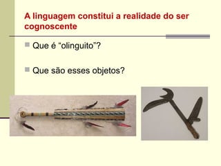 A linguagem constitui a realidade do ser
cognoscente
 Que é “olinguito”?
 Que são esses objetos?

 