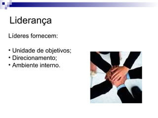 Liderança
Líderes fornecem:
• Unidade de objetivos;
• Direcionamento;
• Ambiente interno.
 