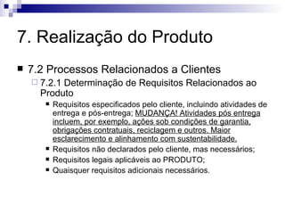 7. Realização do Produto 7.2 Processos Relacionados a Clientes 7.2.1 Determinação de Requisitos Relacionados ao Produto Requisitos especificados pelo cliente, incluindo atividades de entrega e pós-entrega;  MUDANÇA! Atividades pós entrega incluem, por exemplo, ações sob condições de garantia, obrigações contratuais, reciclagem e outros. Maior esclarecimento e alinhamento com sustentabilidade. Requisitos não declarados pelo cliente, mas necessários; Requisitos legais aplicáveis ao PRODUTO; Quaisquer requisitos adicionais necessários. 