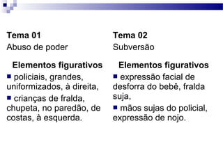 Tema 01
Abuso de poder
Tema 02
Subversão
Elementos figurativos
 policiais, grandes,
uniformizados, à direita,
 crianças de fralda,
chupeta, no paredão, de
costas, à esquerda.
Elementos figurativos
 expressão facial de
desforra do bebê, fralda
suja,
 mãos sujas do policial,
expressão de nojo.
 