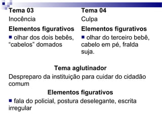 Tema 03
Inocência
Tema 04
Culpa
Elementos figurativos
 olhar dos dois bebês,
“cabelos” domados
Elementos figurativos
 olhar do terceiro bebê,
cabelo em pé, fralda
suja.
Tema aglutinador
Despreparo da instituição para cuidar do cidadão
comum
Elementos figurativos
 fala do policial, postura deselegante, escrita
irregular
 