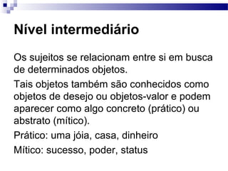 Nível intermediário
Os sujeitos se relacionam entre si em busca
de determinados objetos.
Tais objetos também são conhecidos como
objetos de desejo ou objetos-valor e podem
aparecer como algo concreto (prático) ou
abstrato (mítico).
Prático: uma jóia, casa, dinheiro
Mítico: sucesso, poder, status
 