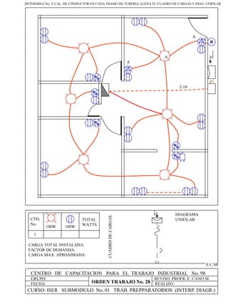 CENTRO DE CAPACITACION PARA EL TRABAJO INDUSTRIAL No. 98
GRUPO:
FECHA:
REVISO: PROFR. E. CANO M.
REALIZO:
E.C.M
100W 180W
CTO.
No.
1
TOTAL
WATTS
CARGA TOTAL INSTALADA:
FACTOR DE DEMANDA:
CARGA MAX. APROXIMADA:
CUADRODECARGAS
A
A
A
C1
DIAGRAMA
UNIFILAR
DETERMINA No. Y CAL. DE CONDUCTOR EN CADA TRAMO DE TUBERIA, LLENA EL CUADRO DE CARGAS Y DIAG. UNIFILAR
2-10
CURSO: ISER SUBMODULO No. 01 TRAB. PREPPARATORIOS (INTERP. DIAGR.)
ORDEN TRABAJO No. 28
 