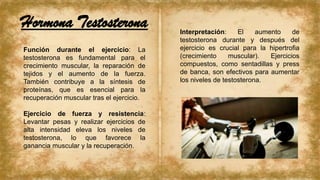 Función durante el ejercicio: La
testosterona es fundamental para el
crecimiento muscular, la reparación de
tejidos y el aumento de la fuerza.
También contribuye a la síntesis de
proteínas, que es esencial para la
recuperación muscular tras el ejercicio.
Ejercicio de fuerza y resistencia:
Levantar pesas y realizar ejercicios de
alta intensidad eleva los niveles de
testosterona, lo que favorece la
ganancia muscular y la recuperación.
Hormona Testosterona Interpretación: El aumento de
testosterona durante y después del
ejercicio es crucial para la hipertrofia
(crecimiento muscular). Ejercicios
compuestos, como sentadillas y press
de banca, son efectivos para aumentar
los niveles de testosterona.
 