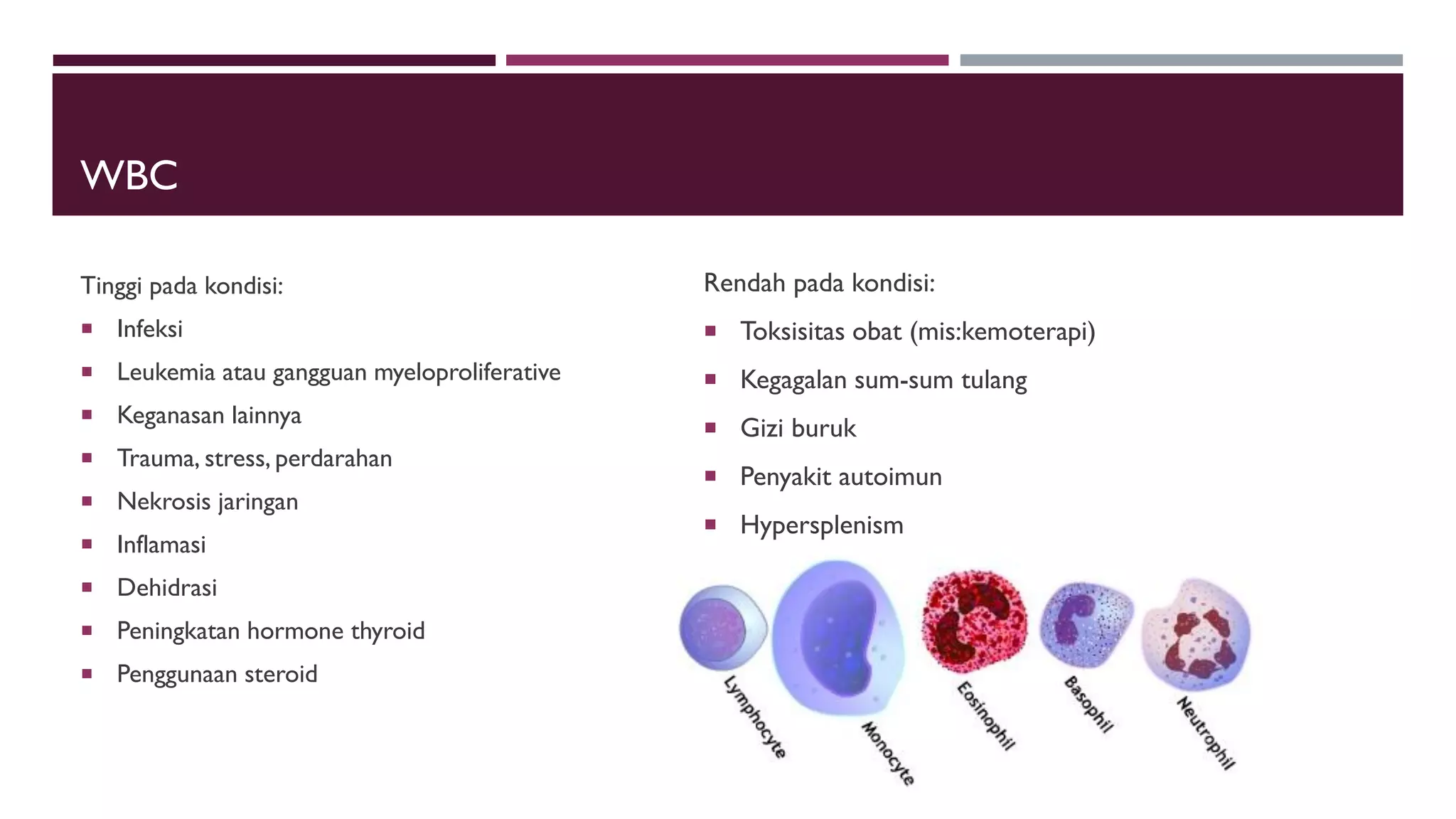 WBC
Tinggi pada kondisi:
 Infeksi
 Leukemia atau gangguan myeloproliferative
 Keganasan lainnya
 Trauma, stress, perdarahan
 Nekrosis jaringan
 Inflamasi
 Dehidrasi
 Peningkatan hormone thyroid
 Penggunaan steroid
Rendah pada kondisi:
 Toksisitas obat (mis:kemoterapi)
 Kegagalan sum-sum tulang
 Gizi buruk
 Penyakit autoimun
 Hypersplenism
 