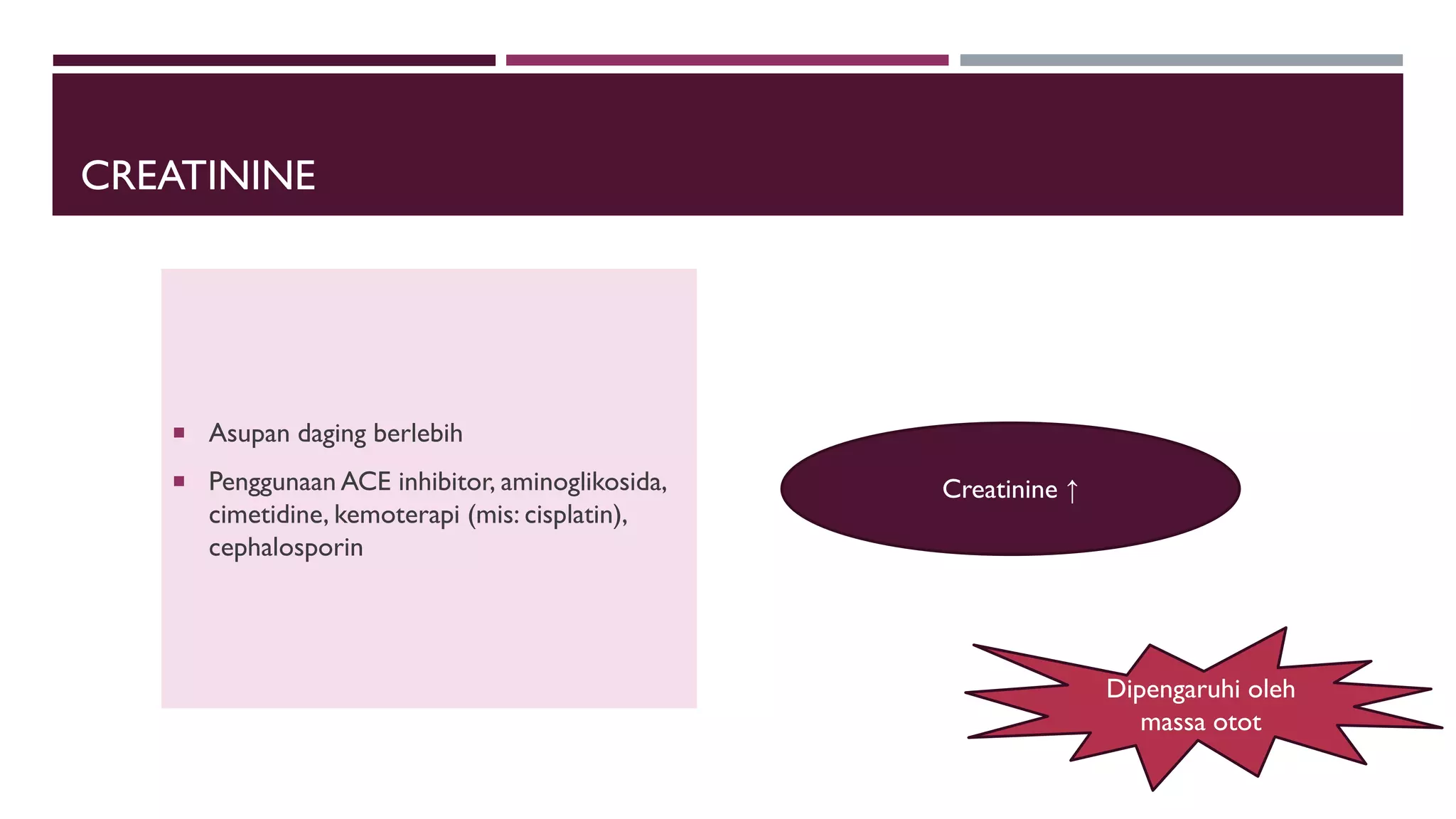 CREATININE
 Asupan daging berlebih
 Penggunaan ACE inhibitor, aminoglikosida,
cimetidine, kemoterapi (mis: cisplatin),
cephalosporin
Creatinine ↑
Dipengaruhi oleh
massa otot
 