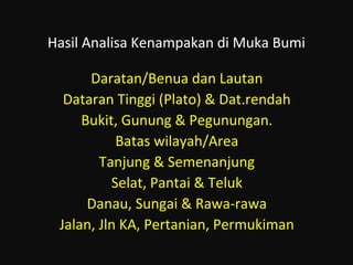 Hasil Analisa Kenampakan di Muka Bumi
Daratan/Benua dan Lautan
Dataran Tinggi (Plato) & Dat.rendah
Bukit, Gunung & Pegunungan.
Batas wilayah/Area
Tanjung & Semenanjung
Selat, Pantai & Teluk
Danau, Sungai & Rawa-rawa
Jalan, Jln KA, Pertanian, Permukiman
 