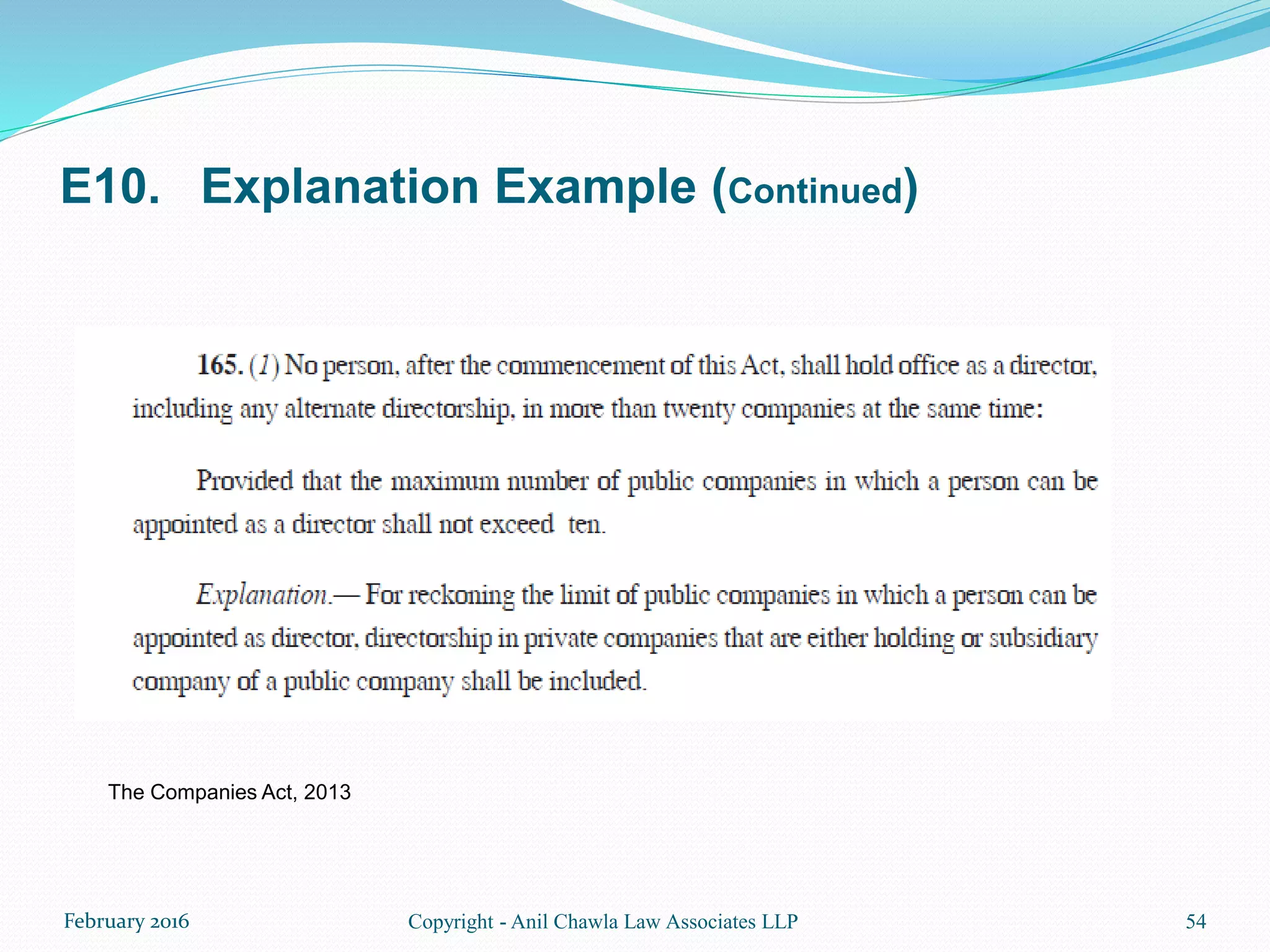 E10. Explanation Example (Continued)
54Copyright - Anil Chawla Law Associates LLPFebruary 2016
The Companies Act, 2013
 