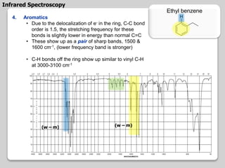 4. Aromatics
• Due to the delocalization of e- in the ring, C-C bond
order is 1.5, the stretching frequency for these
bonds is slightly lower in energy than normal C=C
• These show up as a pair of sharp bands, 1500 &
1600 cm-1, (lower frequency band is stronger)
• C-H bonds off the ring show up similar to vinyl C-H
at 3000-3100 cm-1
Ethyl benzene
Infrared Spectroscopy
(w – m) (w – m)
 