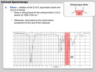 6. Ethers – addition of the C-O-C asymmetric band and
vinyl C-H bonds
• Show a strong band for the antisymmetric C-O-C
stretch at 1050-1150 cm-1
• Otherwise, dominated by the hydrocarbon
component of the rest of the molecule
Diisopropyl ether
Infrared Spectroscopy
(s)
 
