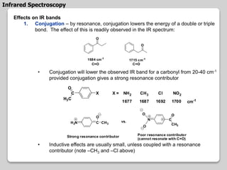 Effects on IR bands
1. Conjugation – by resonance, conjugation lowers the energy of a double or triple
bond. The effect of this is readily observed in the IR spectrum:
• Conjugation will lower the observed IR band for a carbonyl from 20-40 cm-1
provided conjugation gives a strong resonance contributor
• Inductive effects are usually small, unless coupled with a resonance
contributor (note –CH3 and –Cl above)
O
O
1684 cm-1
1715 cm-1
C=O C=O
C
H3C
O
X X = NH2 CH3 Cl NO2
1677 1687 1692 1700 cm-1
H2N C CH3
O
Strong resonance contributor
vs.
N
O
O
C
CH3
O
Poor resonance contributor
(cannot resonate with C=O)
Infrared Spectroscopy
 
