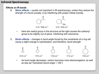 Effects on IR bands
2. Steric effects – usually not important in IR spectroscopy, unless they reduce the
strength of a bond (usually p) by interfering with proper orbital overlap:
• Here the methyl group in the structure at the right causes the carbonyl
group to be slightly out of plane, interfering with resonance
3. Strain effects – changes in bond angle forced by the constraints of a ring will
cause a slight change in hybridization, and therefore, bond strength
• As bond angle decreases, carbon becomes more electronegative, as well
as less sp2 hybridized (bond angle < 120°)
O
C=O: 1686 cm-1
O
C=O: 1693 cm-1
CH3
O O O O O
1815 cm-1
1775 cm-1
1750 cm-1
1715 cm-1
1705 cm-1
Infrared Spectroscopy
 