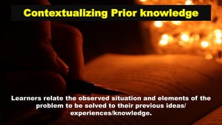 Contextualizing Prior knowledge
Learners relate the observed situation and elements of the
problem to be solved to their previous ideas/
experiences/knowledge.
 