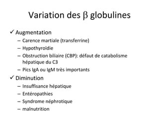 Variation des  globulines 
 
Augmentation 
– 
Carence martiale (transferrine) 
– 
Hypothyroïdie 
– 
Obstruction biliaire (CBP): défaut de catabolisme hépatique du C3 
– 
Pics IgA ou IgM très importants 
 
Diminution 
– 
Insuffisance hépatique 
– 
Entéropathies 
– 
Syndrome néphrotique 
– 
malnutrition  
