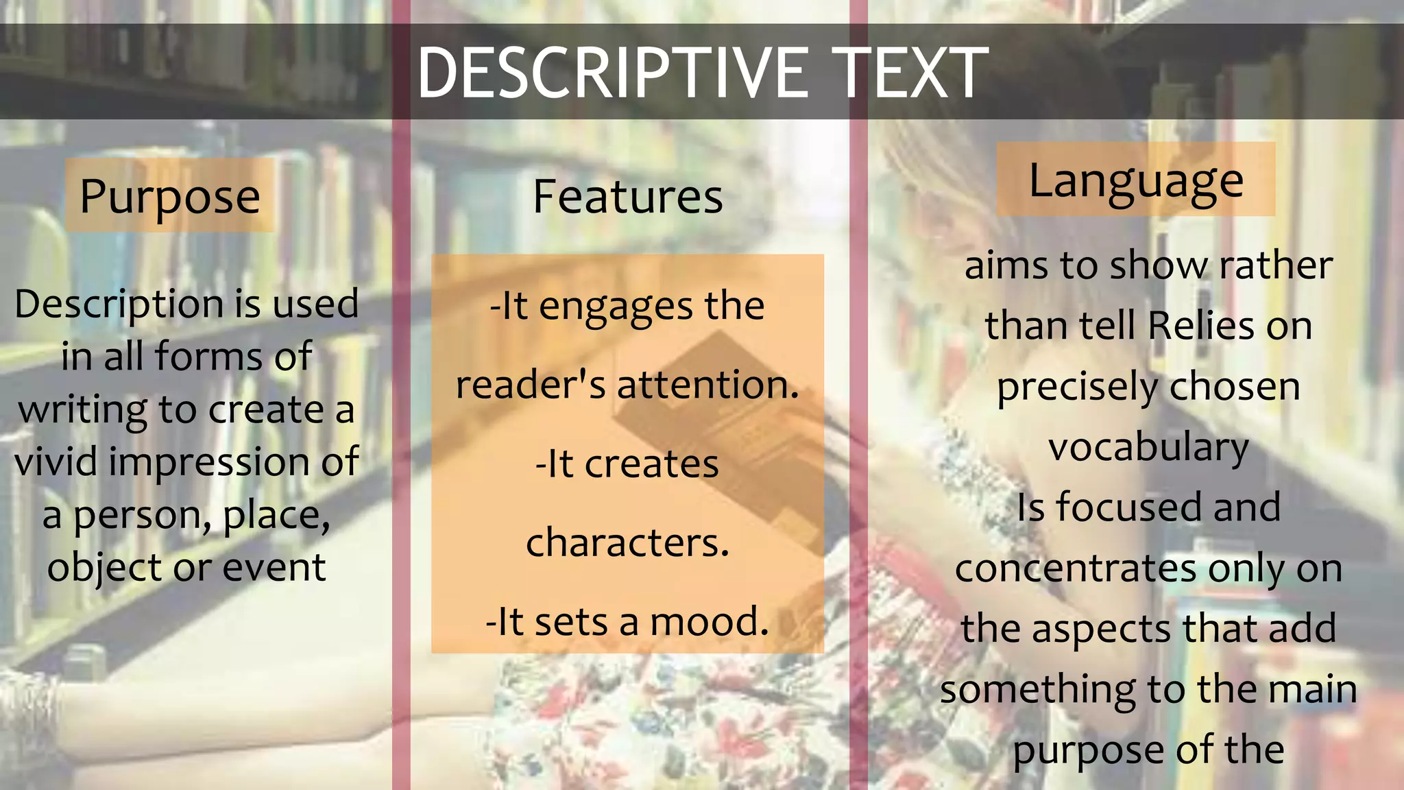 DESCRIPTIVE TEXT
Features Language
Description is used
in all forms of
writing to create a
vivid impression of
a person, place,
object or event
-It engages the
reader's attention.
-It creates
characters.
-It sets a mood.
Purpose
aims to show rather
than tell Relies on
precisely chosen
vocabulary
Is focused and
concentrates only on
the aspects that add
something to the main
purpose of the
 